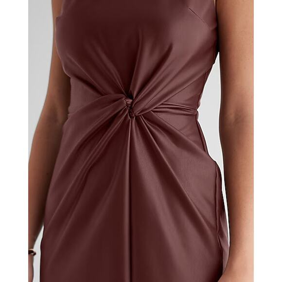 Express Faux Leather Twist Front Midi Dress XL Brown Sleeveless Bodycon - Picture 4 of 13